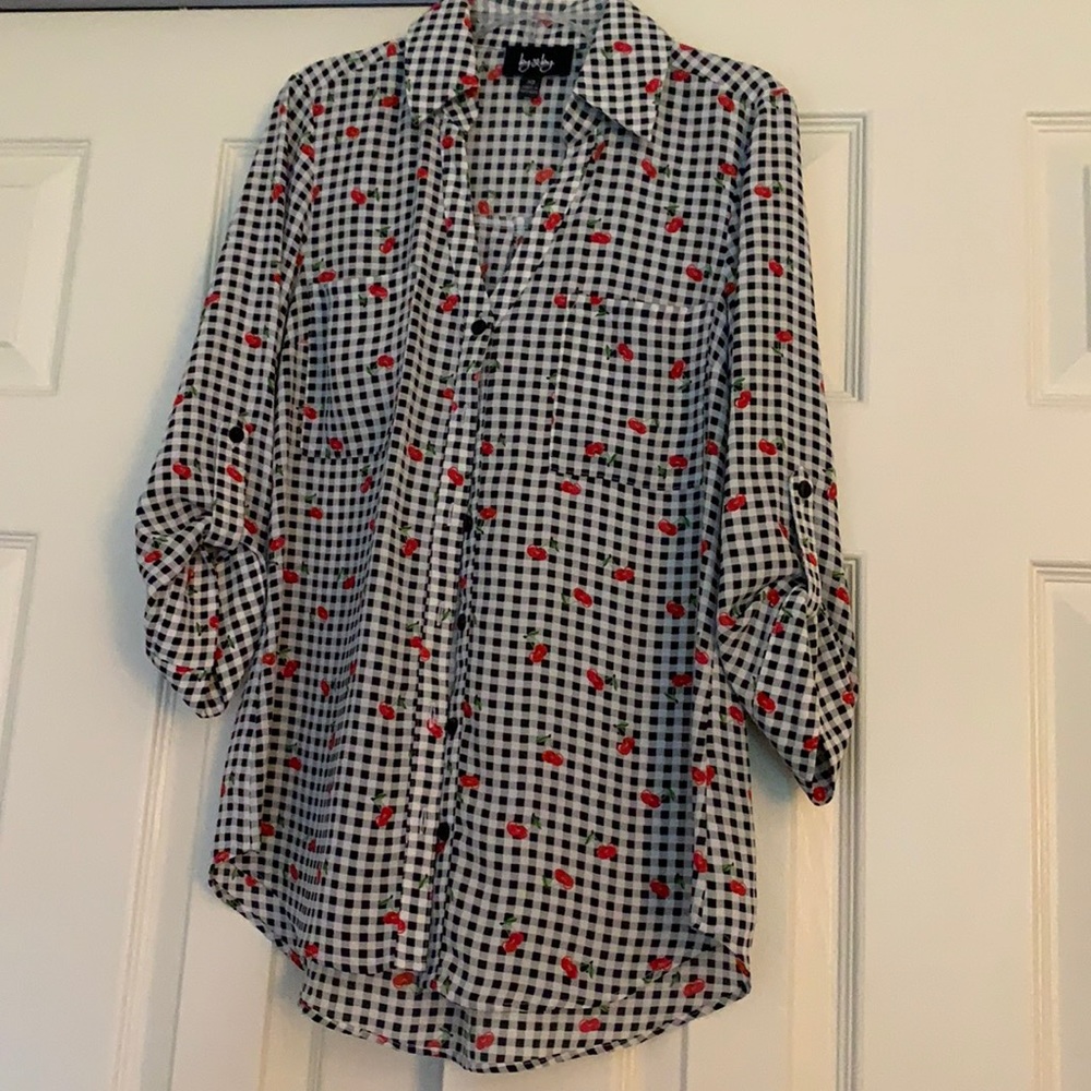 By & By Black & White Check Pattern with Cherry Design     Size XS